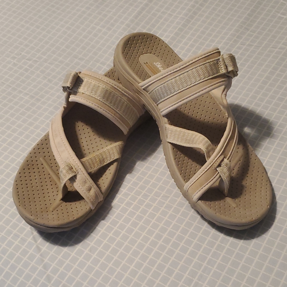 Skechers Cream Sandals with Strappy Design and Comfort Footbed